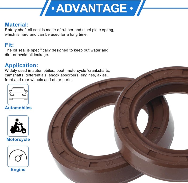 VekAuto Universal Oil Seal TC Double Lip W Steel Spring Seal Ring Rotary Shaft Seal 32x47x10mm High Pressure FKM Rubber Brown 2 Pcs - Image 4